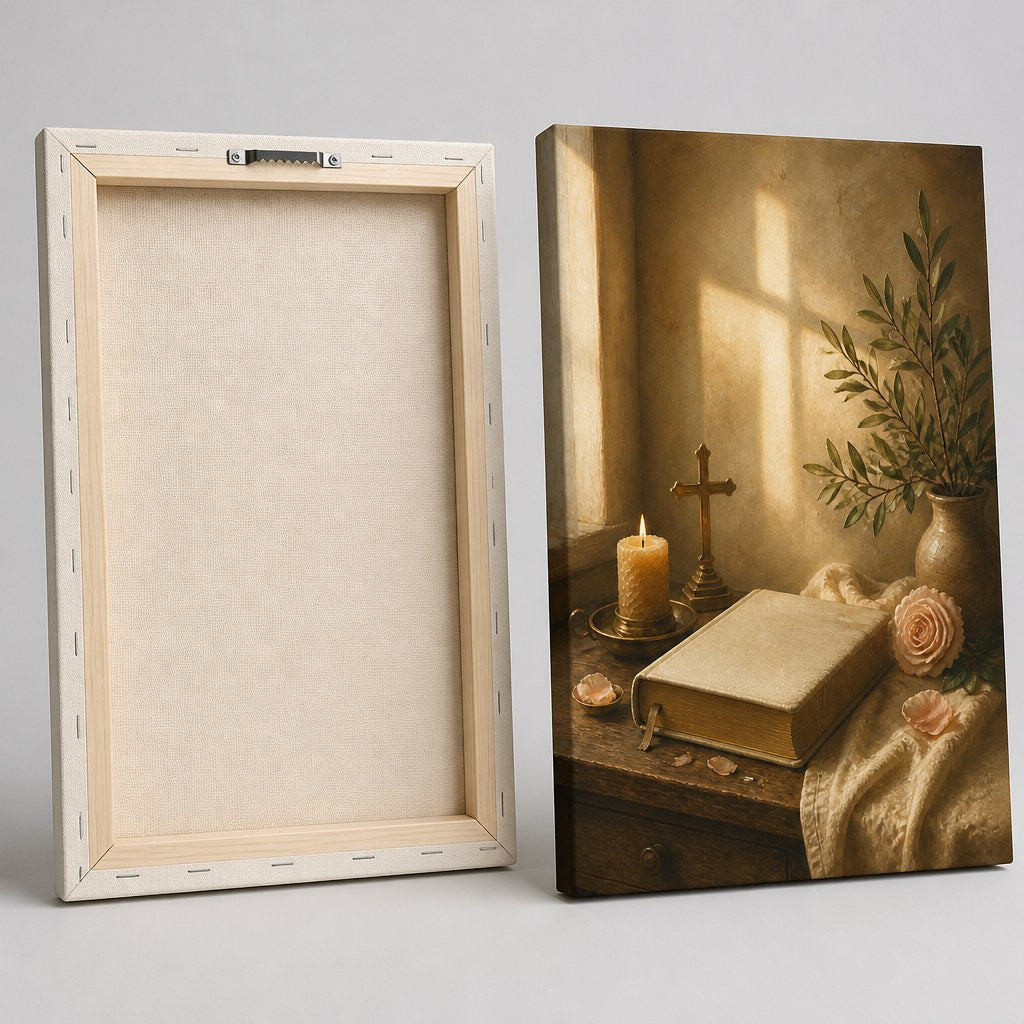 Quiet Devotion Christian Wall Art - front and back view showing the wooden stretcher frame and sawtooth hanger