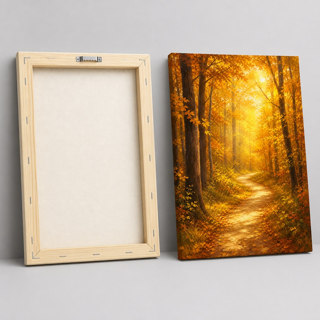 Golden Autumn Forest Path Wall Art - front and back view showing the wooden stretcher frame and sawtooth hanger