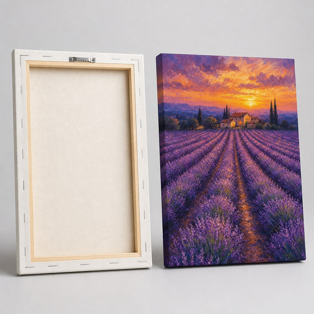 Lavender field at dusk wall art - front and back view showing the wooden stretcher frame and sawtooth hanger