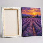 Lavender field at dusk wall art - front and back view showing the wooden stretcher frame and sawtooth hanger