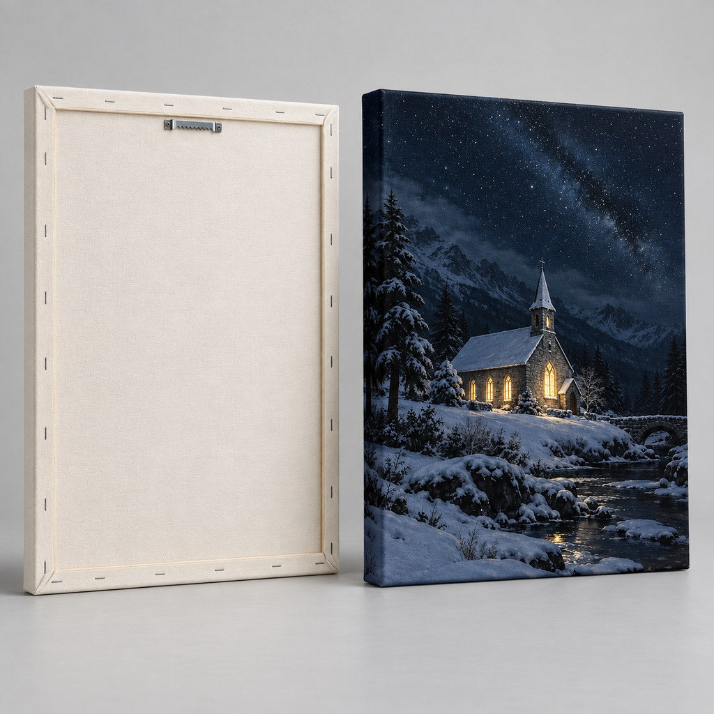 Snowy Church on a Starry Night Christmas Wall Art