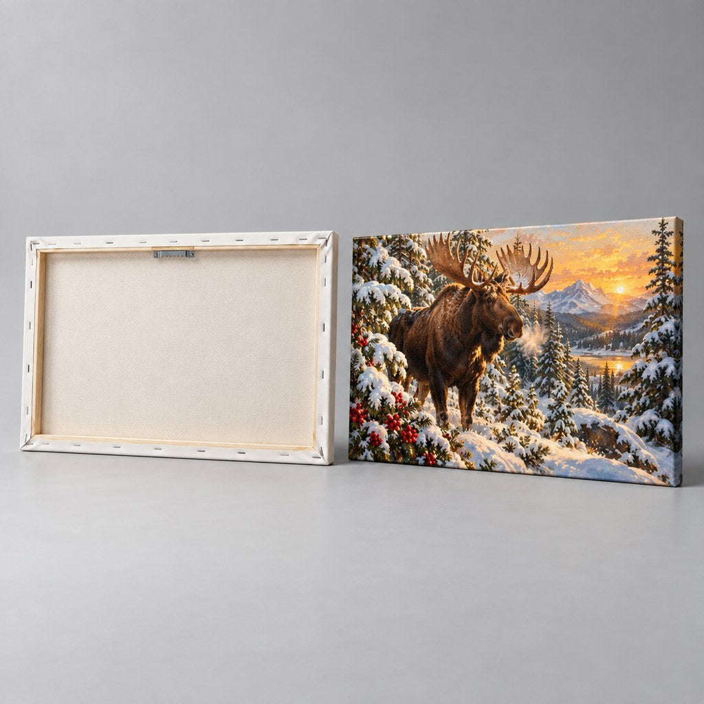 Moose in Snowy Pines Landscape Christmas Wall Art