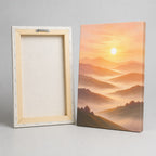 Sunrise Over Hills Minimalist Wall Art - front and back view showing the wooden stretcher frame and sawtooth hanger