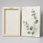 Minimalist Eucalyptus Wall Art - front and back view showing the wooden stretcher frame and sawtooth hanger