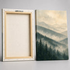 Misty Forest Ridges Landscape Wall Art - front and back view showing the wooden stretcher frame and sawtooth hanger