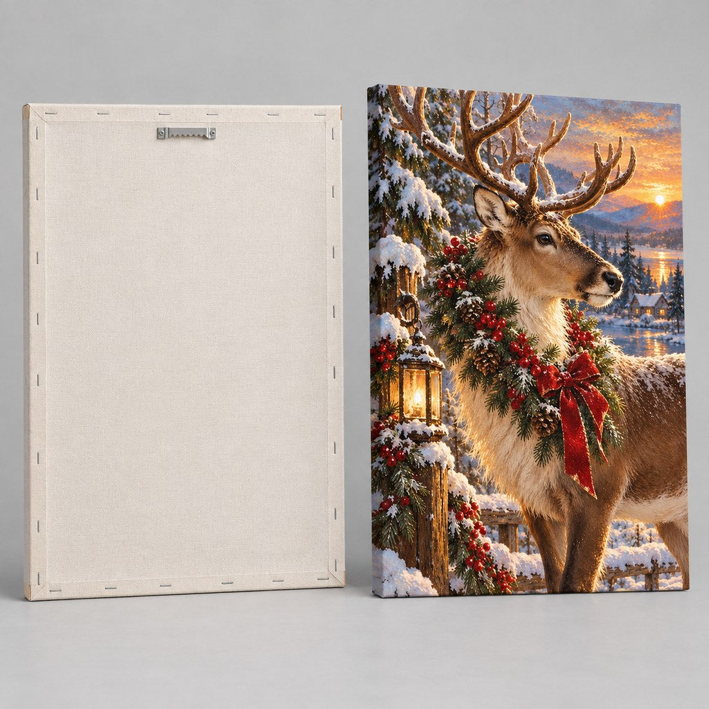 Reindeer with Berry Wreath and Lantern Christmas Wall Art