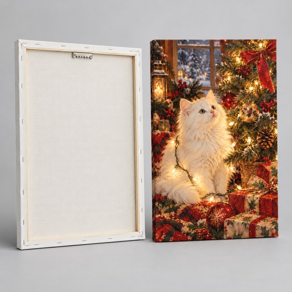 White Cat and Christmas Lights Wall Art