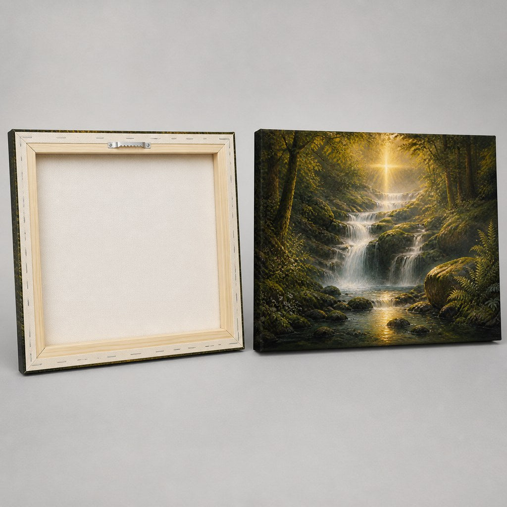 Living Water Christian Wall Art - front and back view showing the wooden stretcher frame and sawtooth hanger