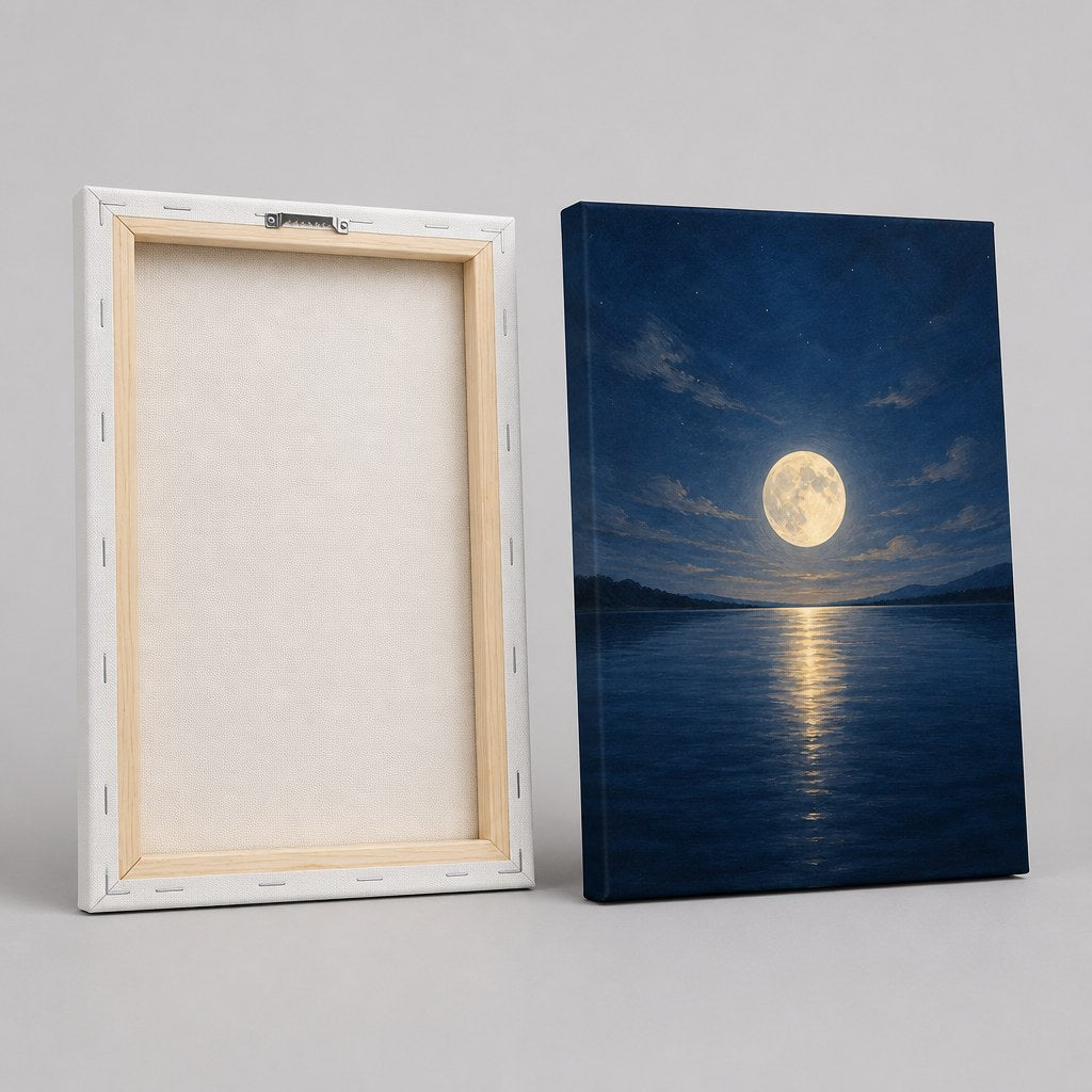 Moonlit Lake Bedroom Wall Art - front and back view showing the wooden stretcher frame and sawtooth hanger