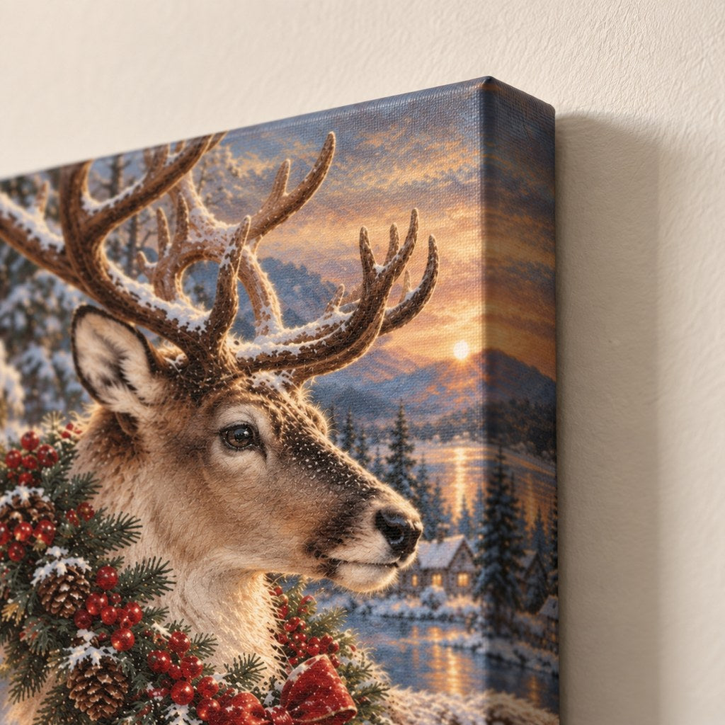 Reindeer with Berry Wreath and Lantern Christmas Wall Art