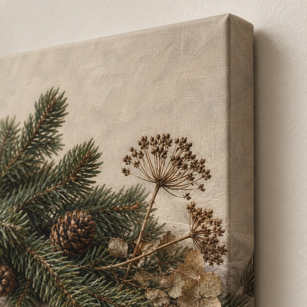 Evergreen and Pinecones on Linen Christmas Wall Art