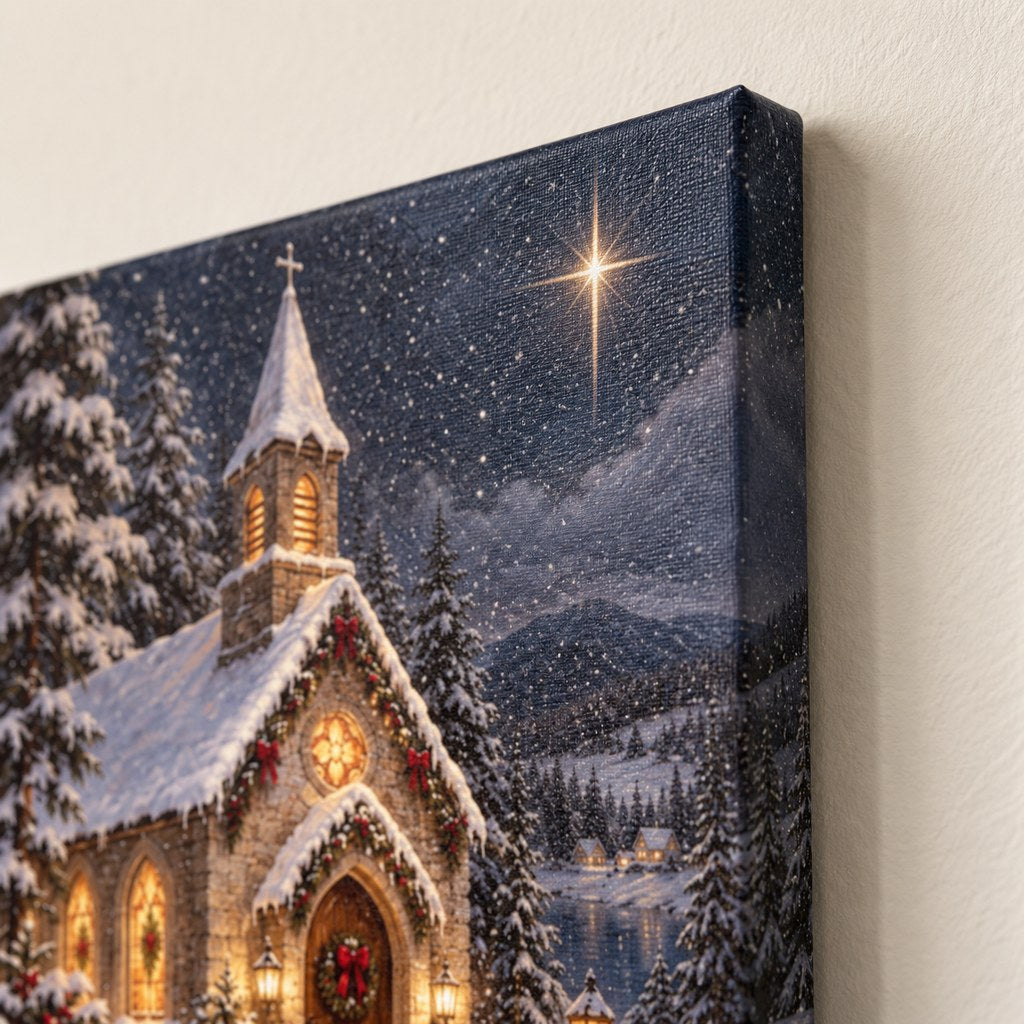 Snowy Chapel and Star Christmas Wall Art