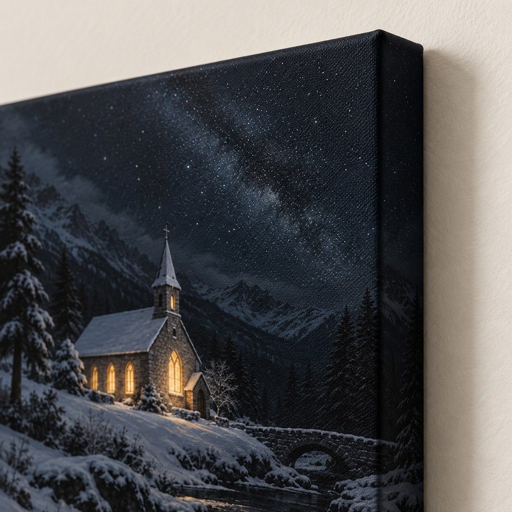 Snowy Church on a Starry Night Christmas Wall Art