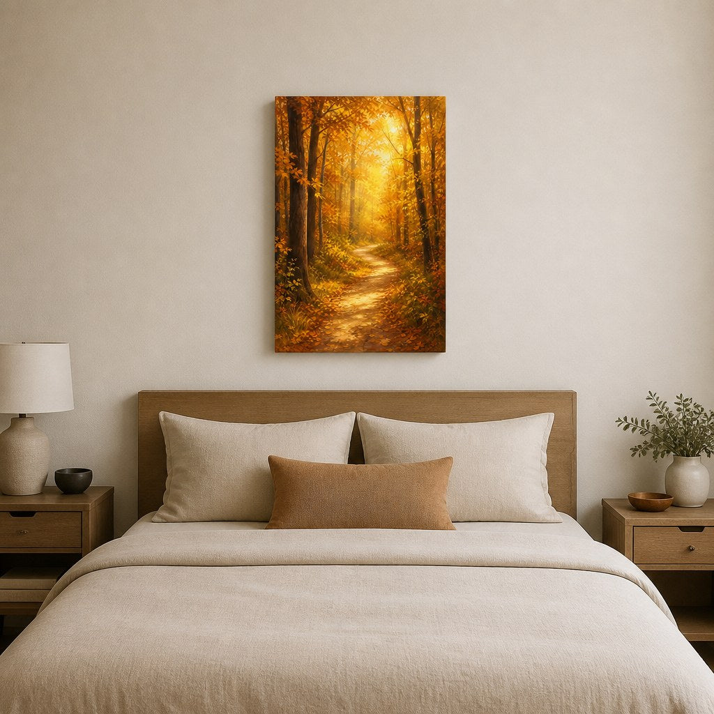 Golden Autumn Forest Path Wall Art - hanging above a bed in a calm bedroom