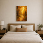Golden Autumn Forest Path Wall Art - hanging above a bed in a calm bedroom