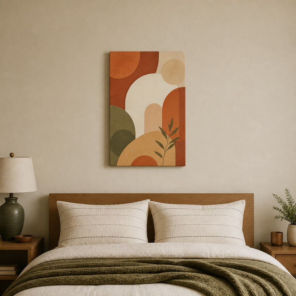 Terracotta Arches Boho Abstract Wall Art - hanging above a bed in a calm bedroom