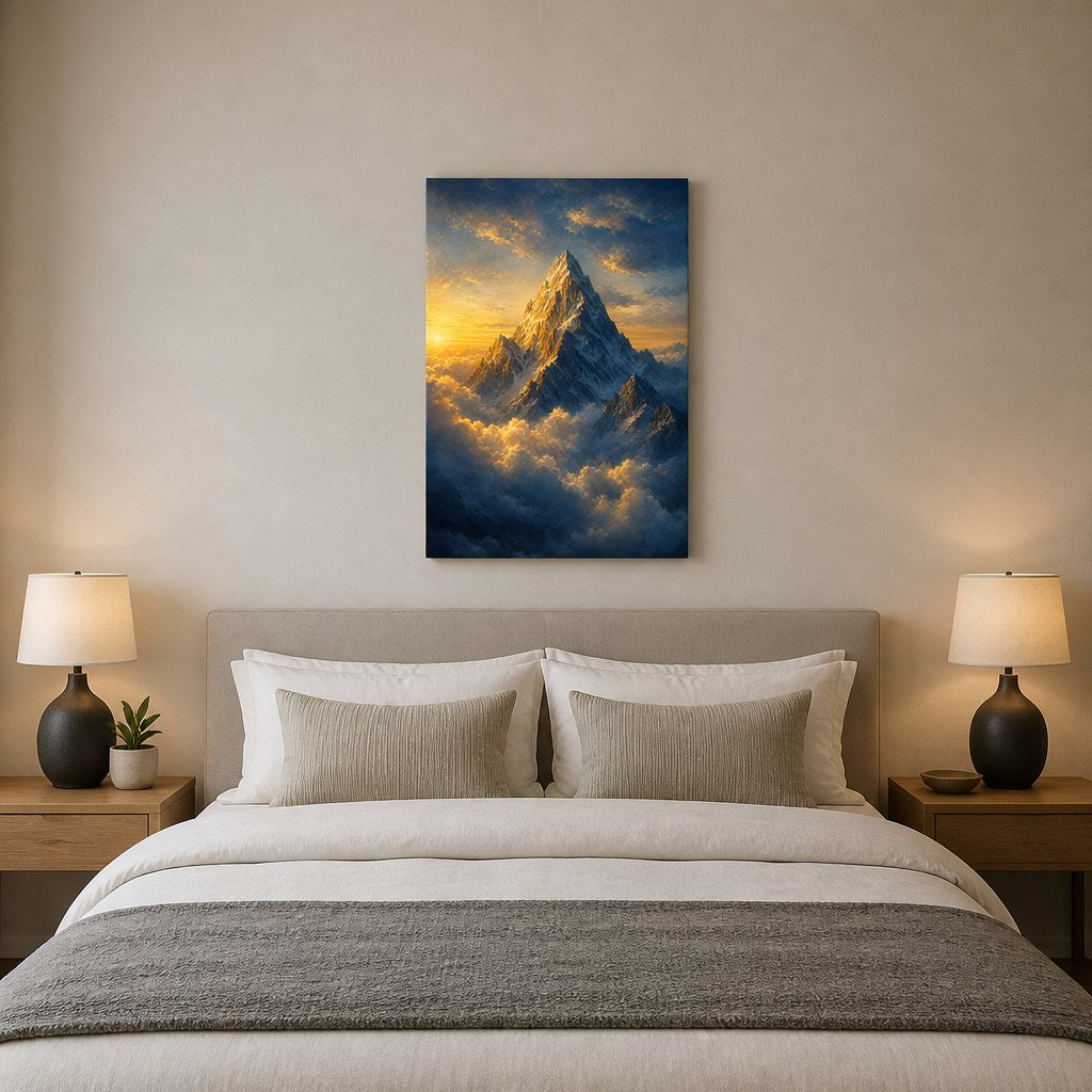 Mountain Peak Above the Clouds Wall Art - hanging above a bed in a calm bedroom
