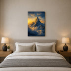 Mountain Peak Above the Clouds Wall Art - hanging above a bed in a calm bedroom