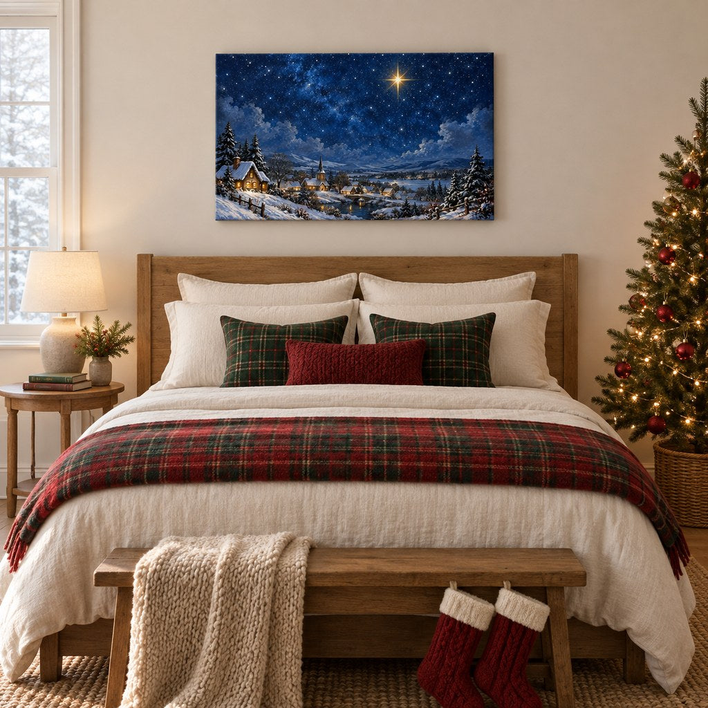 Silent Night Starry Village Landscape Christmas Wall Art
