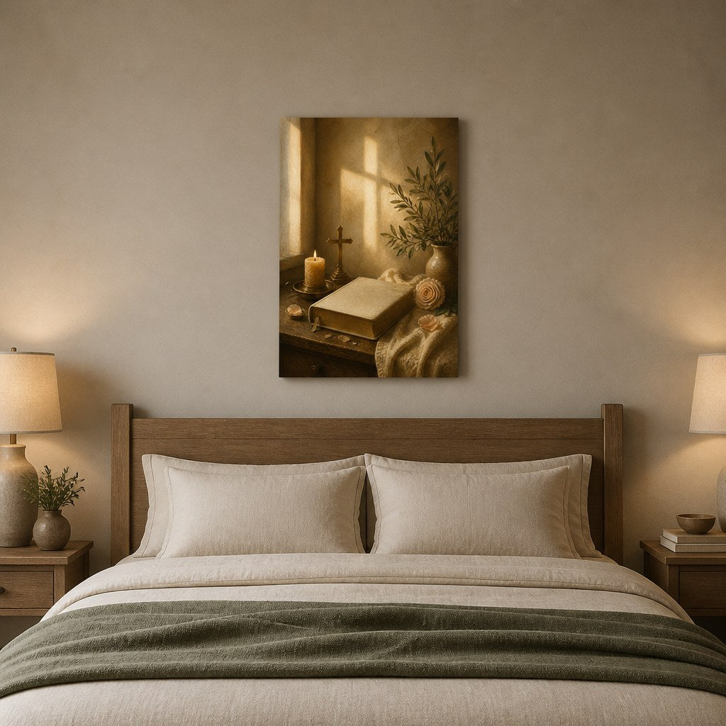 Quiet Devotion Christian Wall Art - hanging above a bed in a calm bedroom
