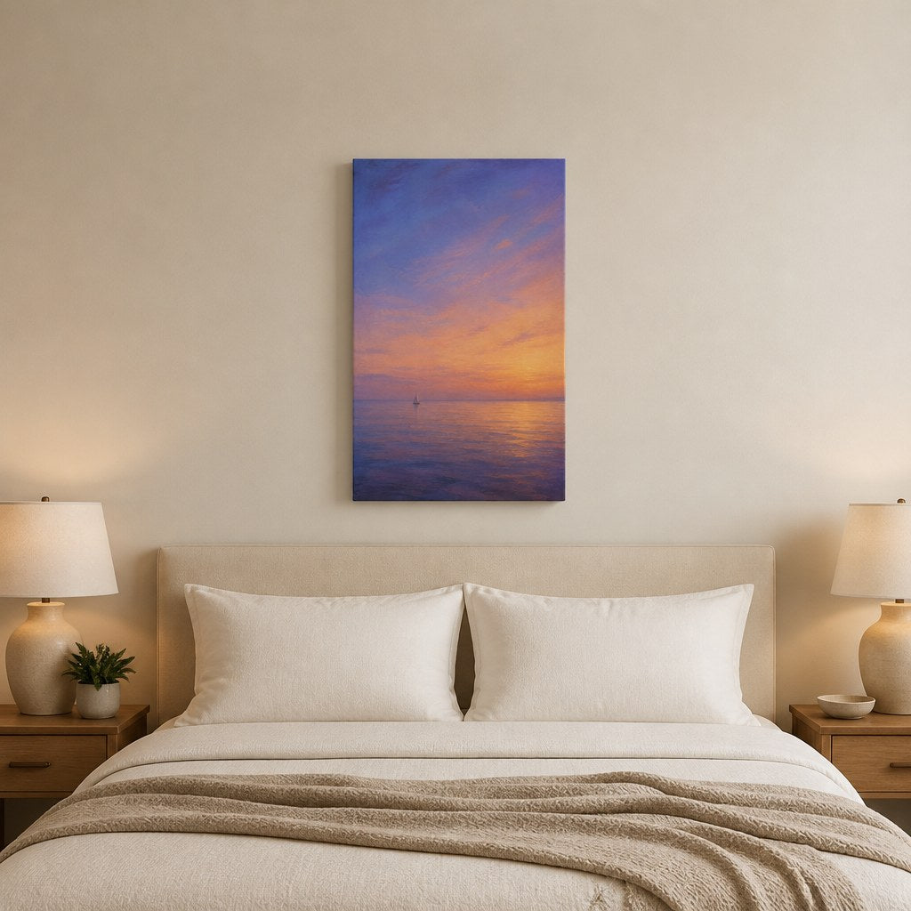 Coastal Sunset Ocean Wall Art - hanging above a bed in a calm bedroom
