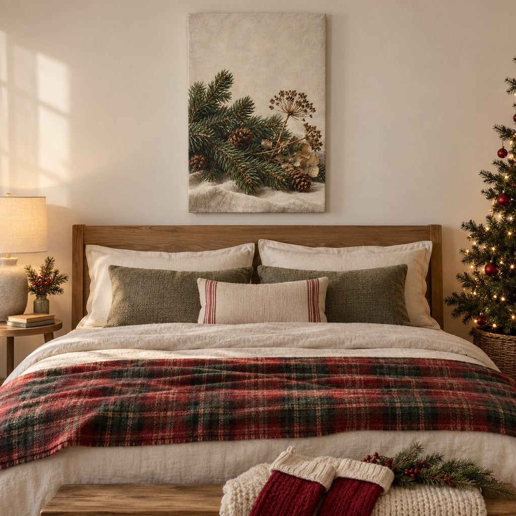 Evergreen and Pinecones on Linen Christmas Wall Art
