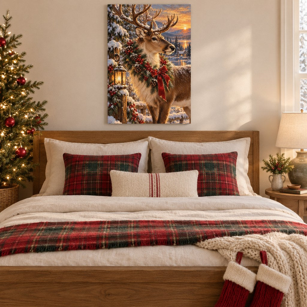 Reindeer with Berry Wreath and Lantern Christmas Wall Art