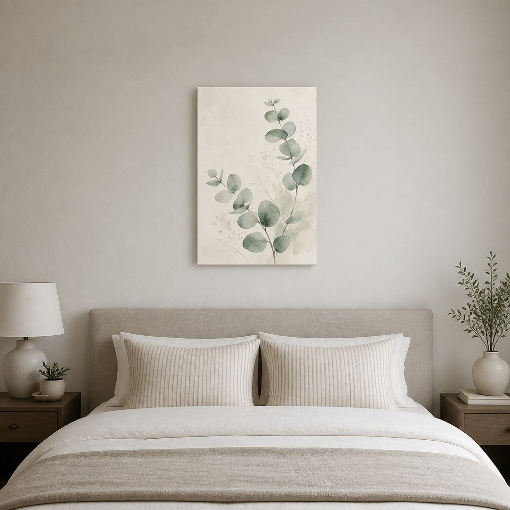 Minimalist Eucalyptus Wall Art - hanging above a bed in a calm bedroom
