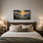 Shepherd's Light Mountain Christian Wall Art - hanging above a bed in a calm bedroom