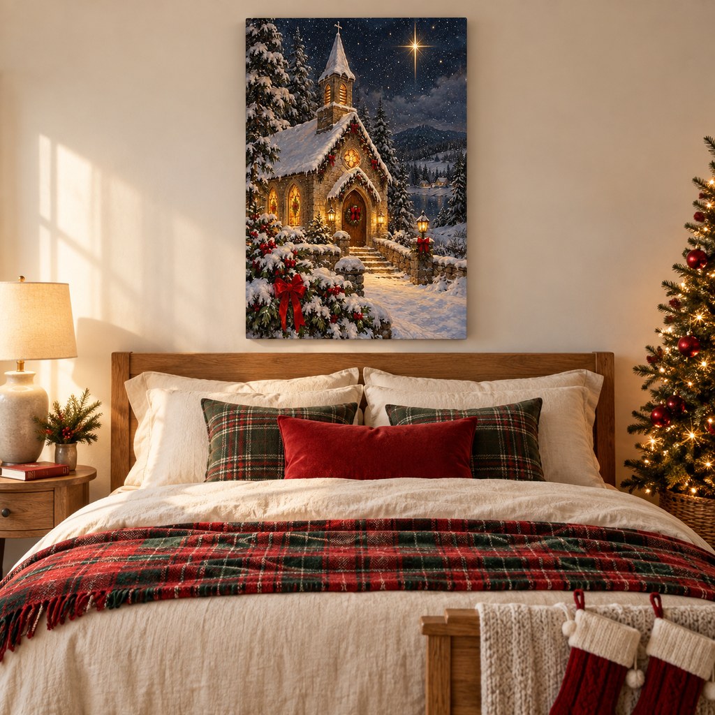 Snowy Chapel and Star Christmas Wall Art