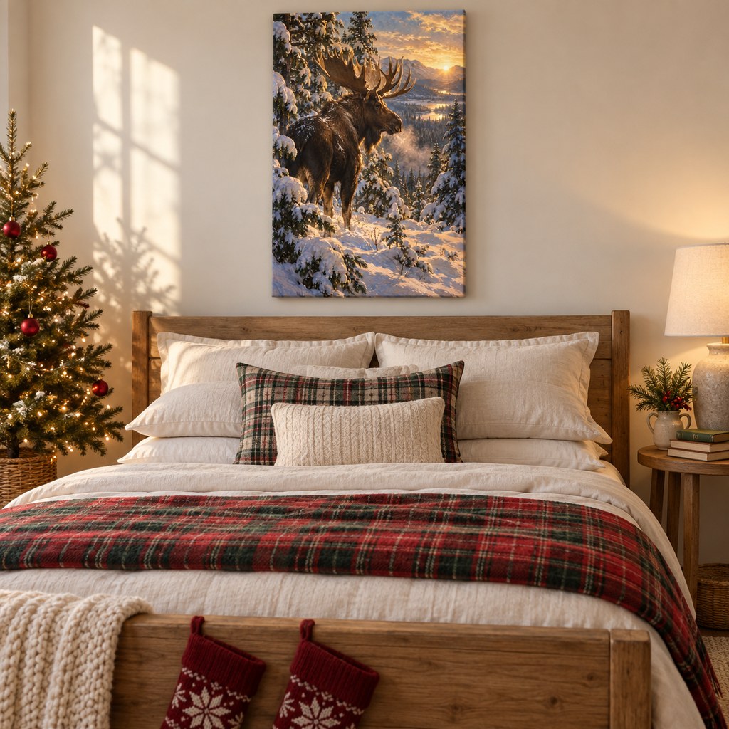 Moose in Snowy Pines Christmas Wall Art