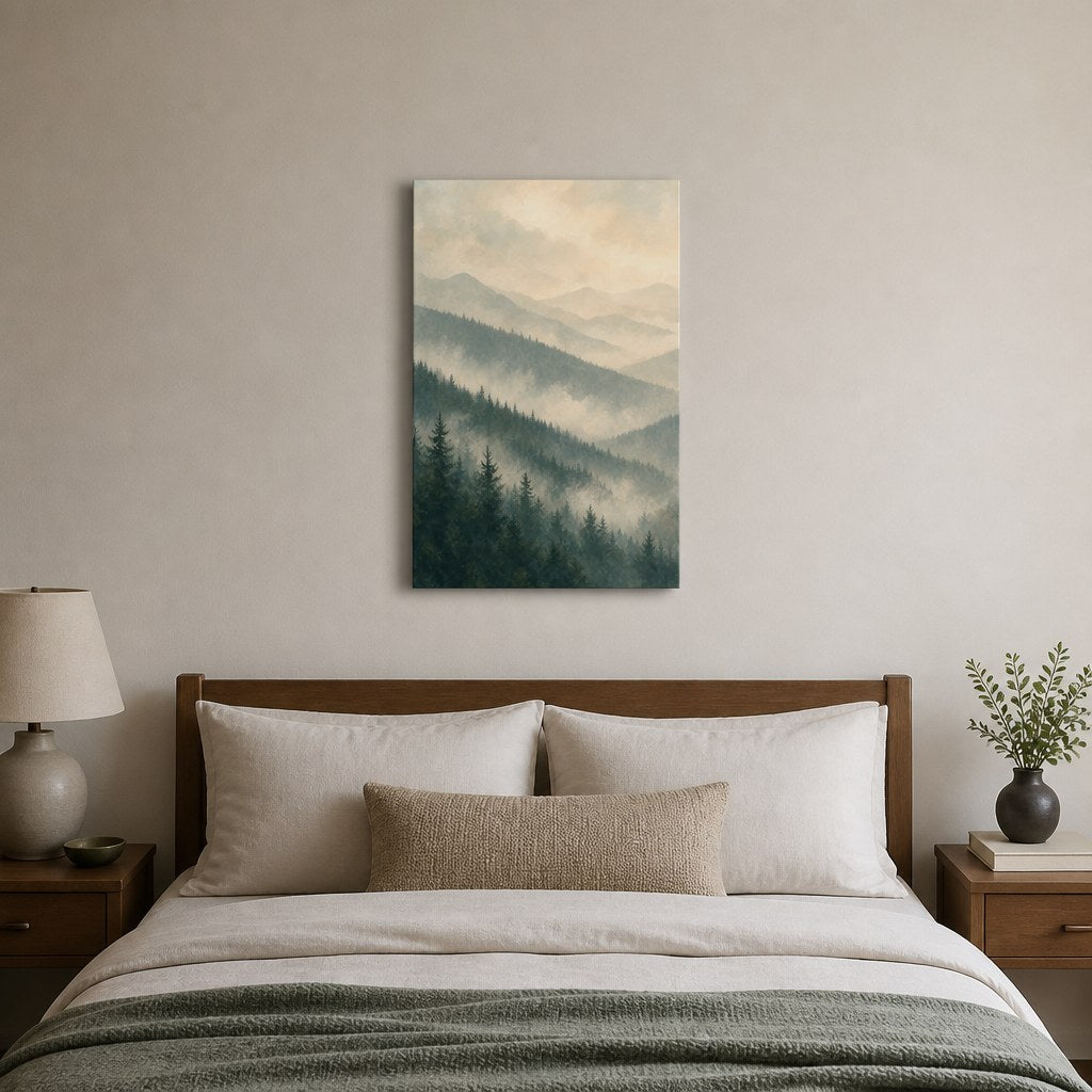 Misty Forest Ridges Landscape Wall Art - hanging above a bed in a calm bedroom