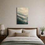 Misty Forest Ridges Landscape Wall Art - hanging above a bed in a calm bedroom