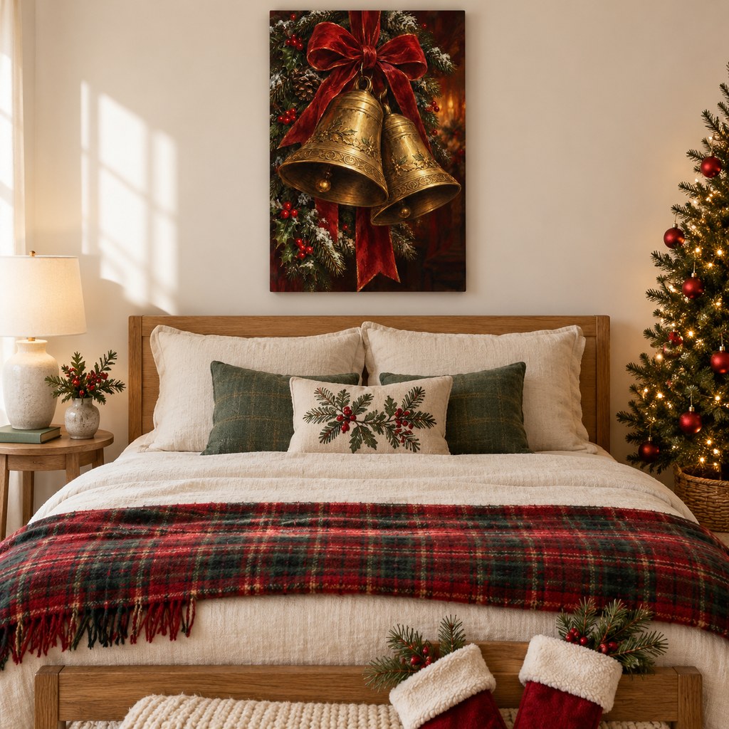 Brass Bells and Red Ribbon Christmas Wall Art