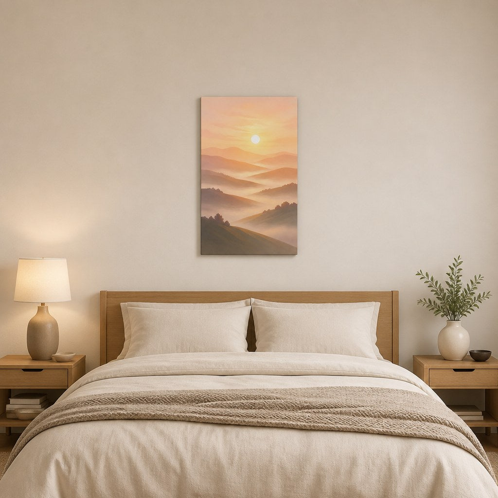 Sunrise Over Hills Minimalist Wall Art - hanging above a bed in a calm bedroom