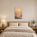 Sunrise Over Hills Minimalist Wall Art - hanging above a bed in a calm bedroom
