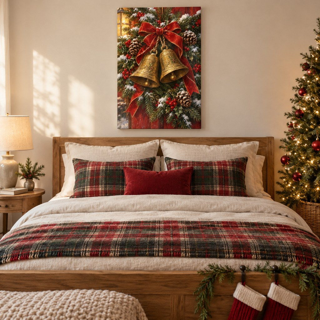 Golden Bells and Evergreen Garland Christmas Wall Art