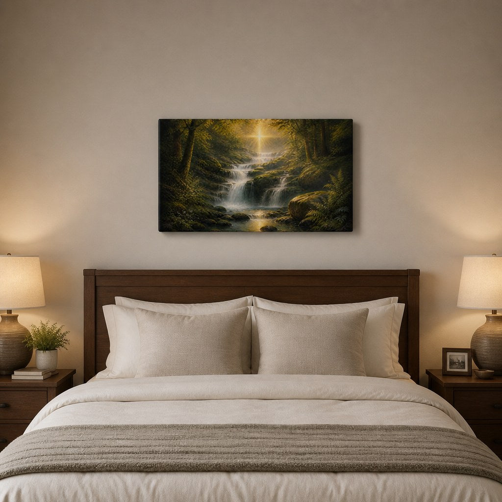 Living Water Christian Wall Art - hanging above a bed in a calm bedroom