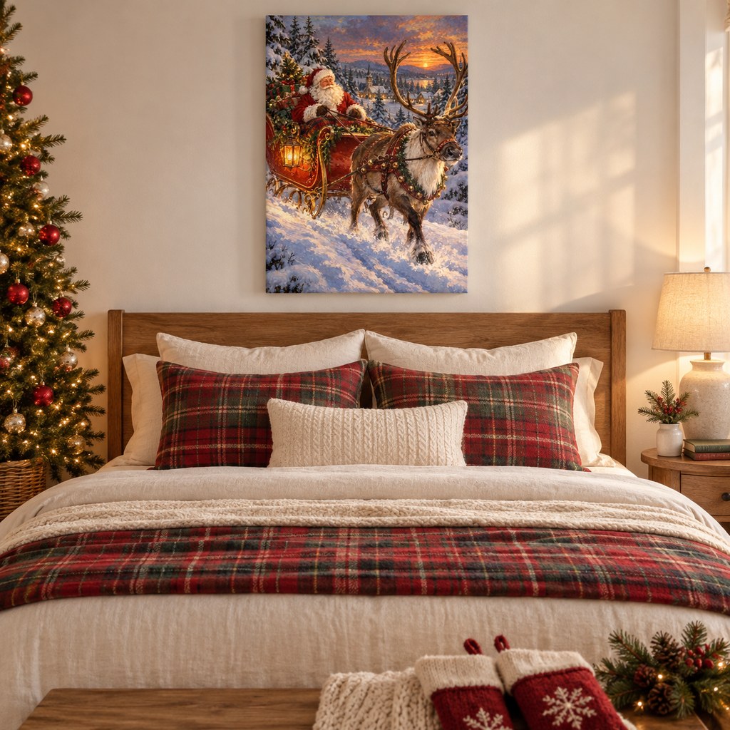 Santa's Sleigh and Reindeer Christmas Wall Art
