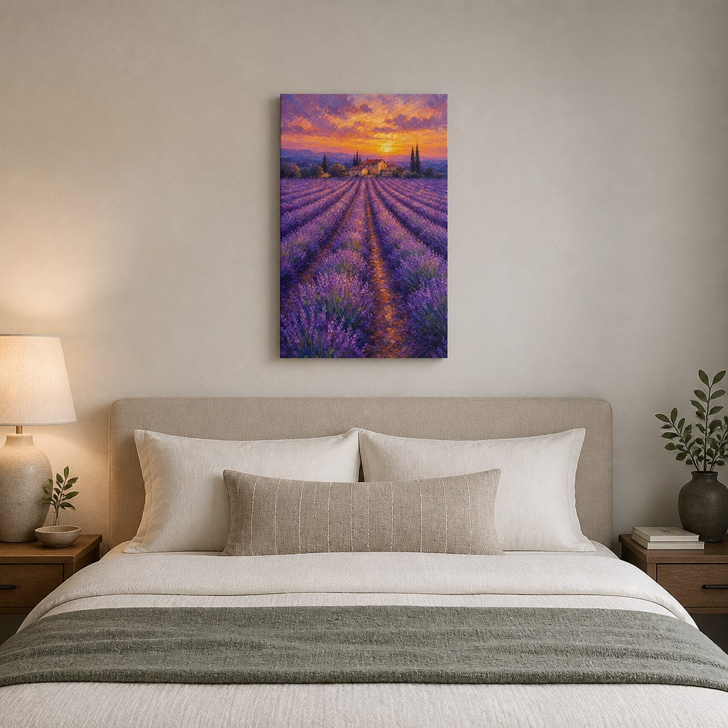 Lavender field at dusk wall art - hanging above a bed in a calm bedroom