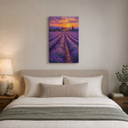 Lavender field at dusk wall art - hanging above a bed in a calm bedroom
