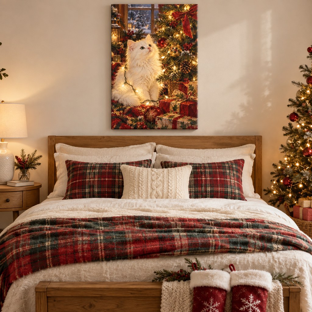 White Cat and Christmas Lights Wall Art