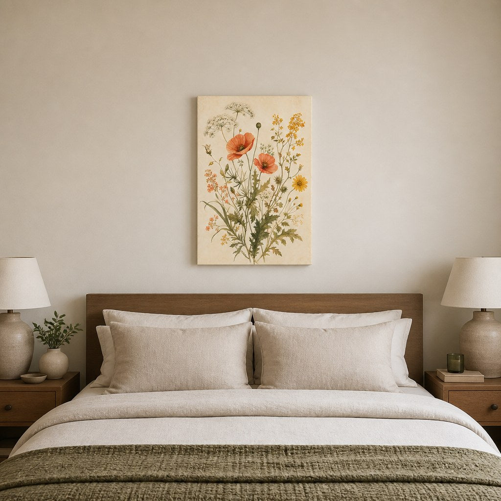Vintage Wildflower Botanical Wall Art - hanging above a bed in a calm bedroom