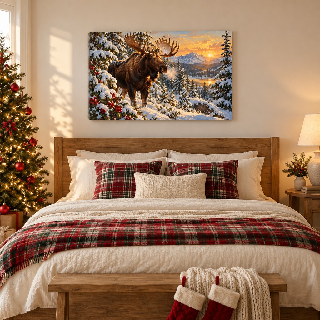 Moose in Snowy Pines Landscape Christmas Wall Art