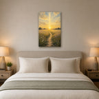 Path of Light Christian Wall Art - hanging above a bed in a calm bedroom