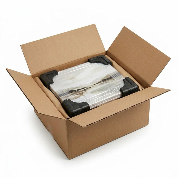 Carefully packed, rigid carton — boxed, never bagged.