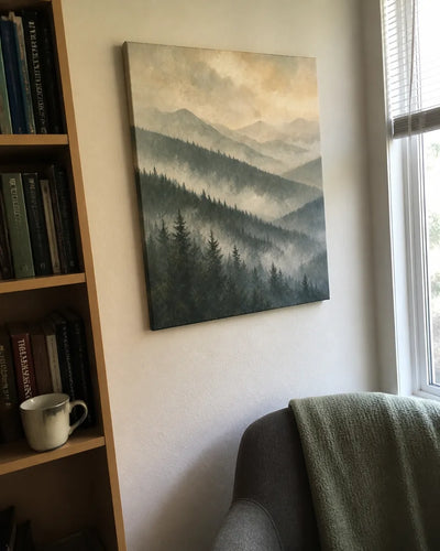 Customer photo of the canvas on a study wall beside a bookshelf and armchair
