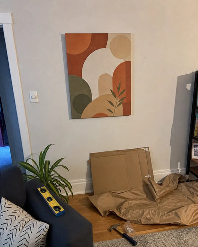 Customer photo of the canvas just after hanging it, with tools and packaging still out