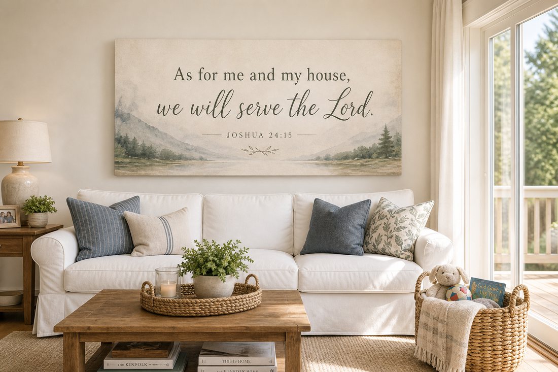 A canvas with a verse hanging in a warm family room