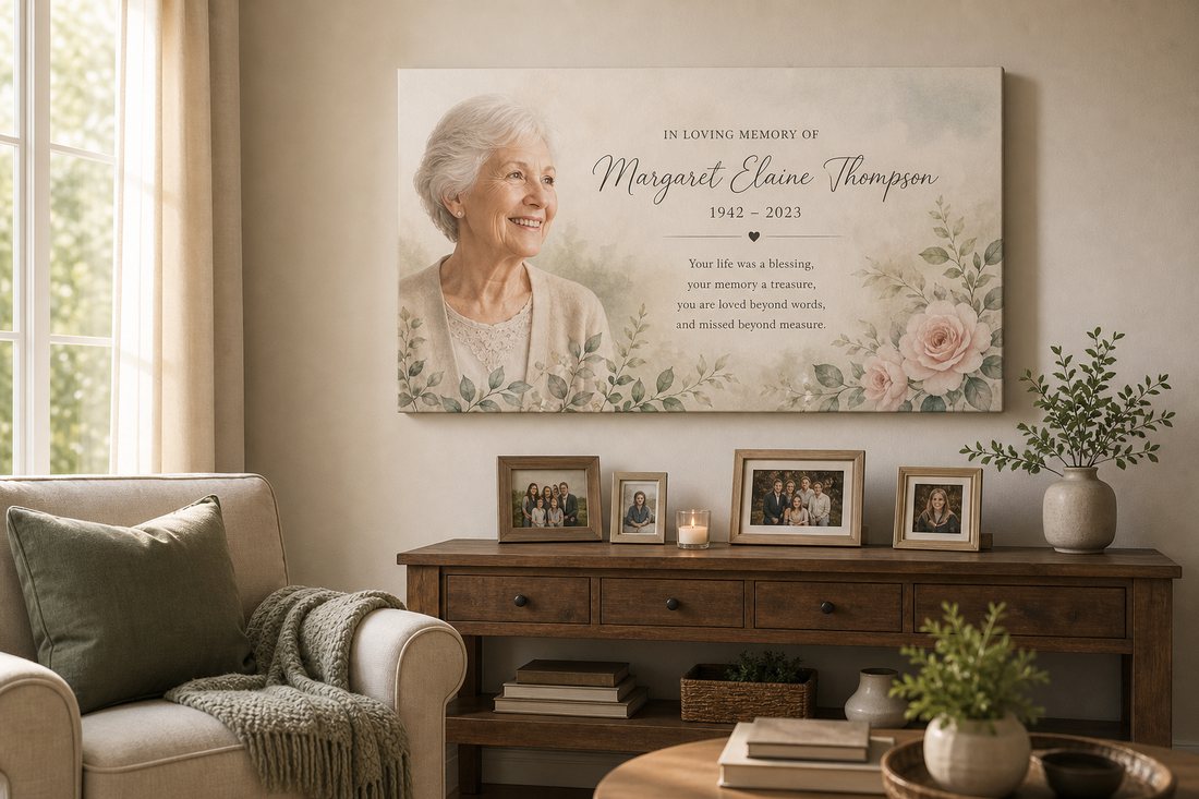 A canvas displayed on a console table in a warm home